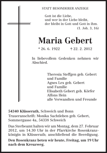 Traueranzeige von Maria Gebert von TRIERISCHER VOLKSFREUND