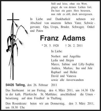 Traueranzeige von Franz Adams von TRIERISCHER VOLKSFREUND