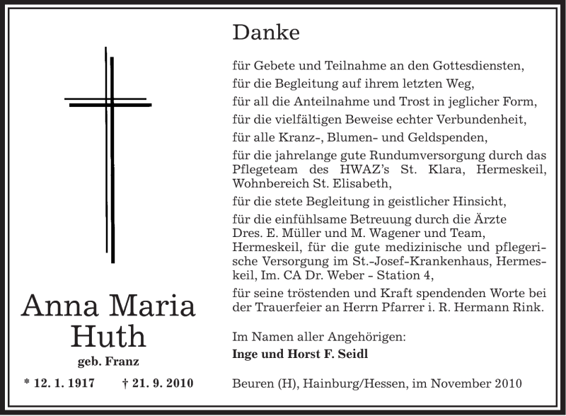  Traueranzeige für Anna Maria Huth vom 04.11.2010 aus TRIERISCHER VOLKSFREUND