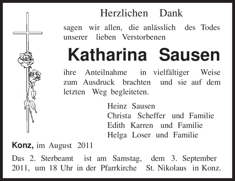 Traueranzeige für Katharina Sausen vom 27.08.2011 aus TRIERISCHER VOLKSFREUND