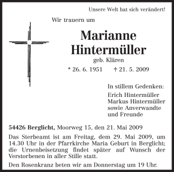 Traueranzeige von Marianne Hintermüller von TRIERISCHER VOLKSFREUND