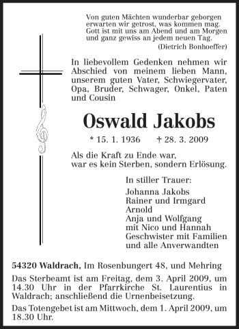 Traueranzeige von Oswald Jakobs von TRIERISCHER VOLKSFREUND