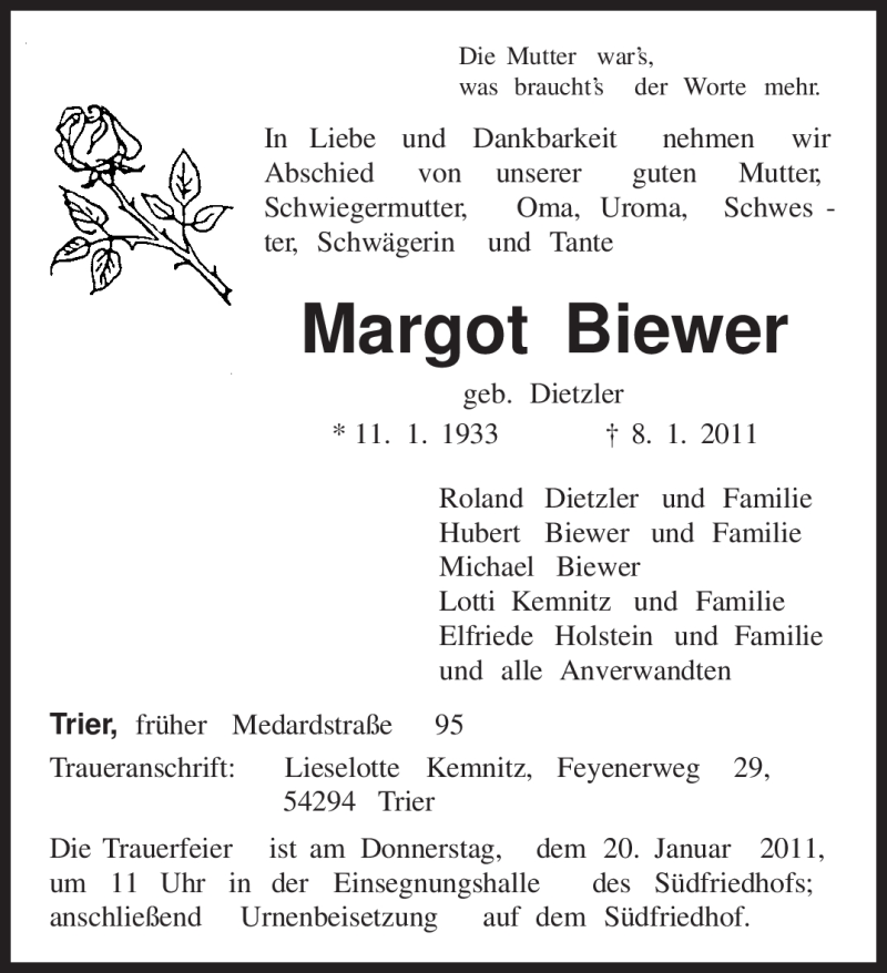  Traueranzeige für Margot Biewer vom 15.01.2011 aus TRIERISCHER VOLKSFREUND