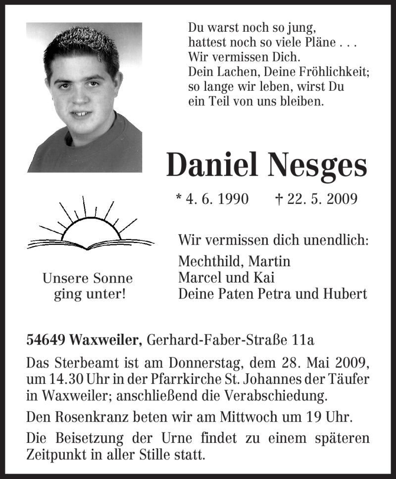  Traueranzeige für Daniel Nesges vom 25.05.2009 aus TRIERISCHER VOLKSFREUND