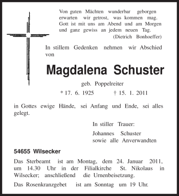 Traueranzeige von Magdalena Schuster von TRIERISCHER VOLKSFREUND