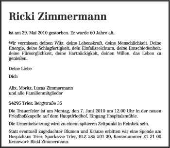 Traueranzeige von Ricki Zimmermann von TRIERISCHER VOLKSFREUND