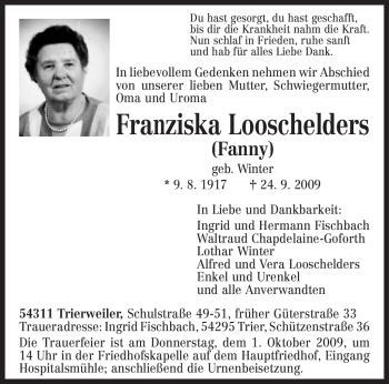 Traueranzeige von Franziska Looschelders von TRIERISCHER VOLKSFREUND