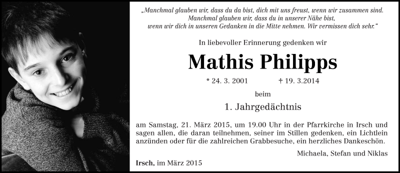  Traueranzeige für Mathis Philipps vom 14.03.2015 aus trierischer_volksfreund