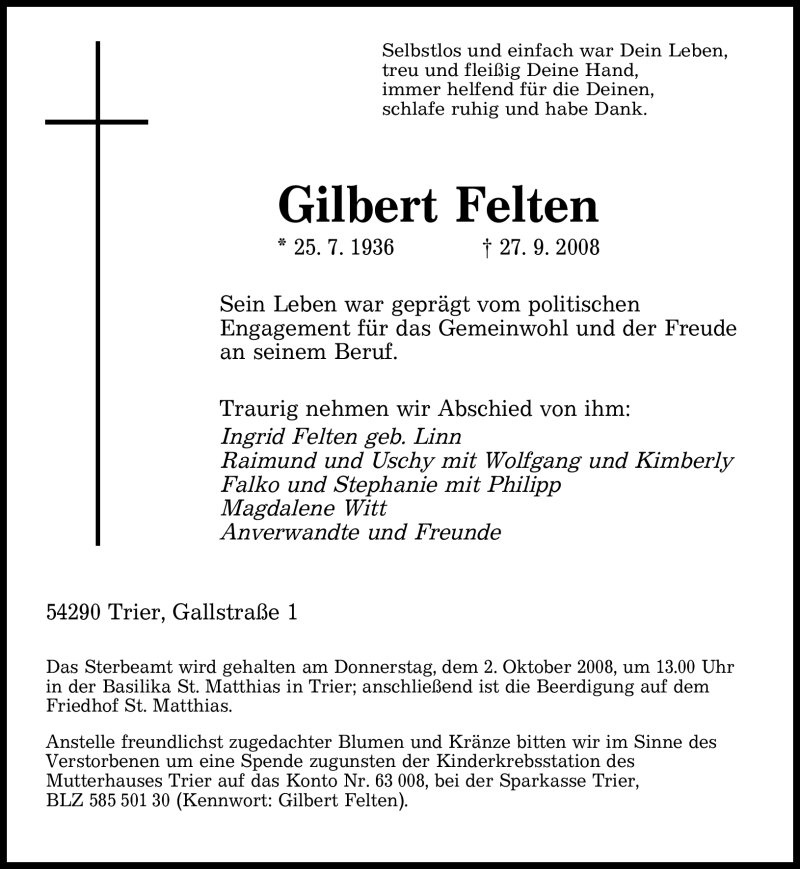  Traueranzeige für Gilbert Felten vom 30.09.2008 aus TRIERISCHER VOLKSFREUND