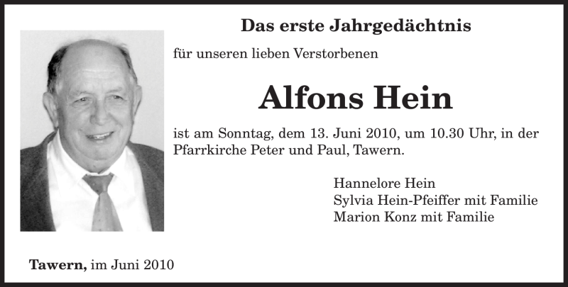  Traueranzeige für Alfons Hein vom 09.06.2010 aus TRIERISCHER VOLKSFREUND