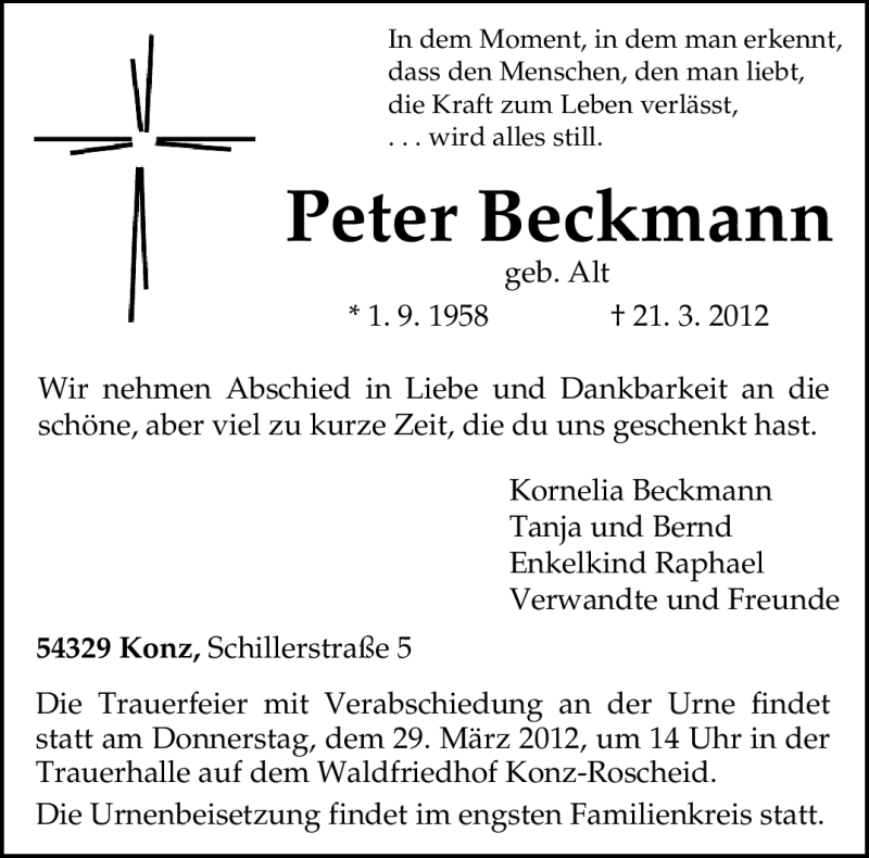  Traueranzeige für Peter Beckmann vom 26.03.2012 aus TRIERISCHER VOLKSFREUND