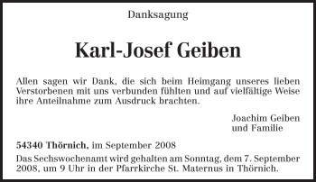Traueranzeige von Karl-Josef Geiben von TRIERISCHER VOLKSFREUND