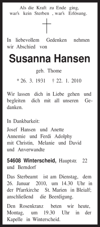 Traueranzeige von Susanna Hansen von TRIERISCHER VOLKSFREUND