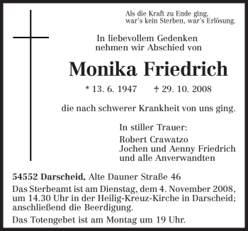 Traueranzeige von Monika Friedrich von TRIERISCHER VOLKSFREUND