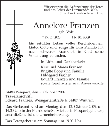 Traueranzeige von Annelore Franzen von TRIERISCHER VOLKSFREUND