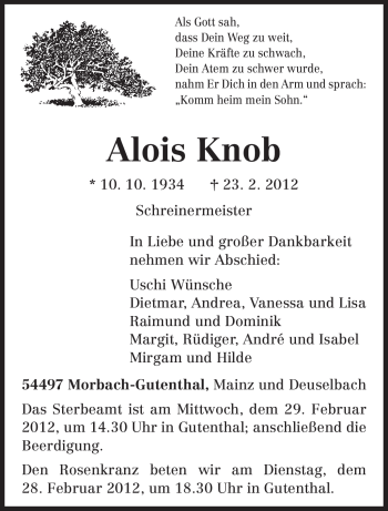 Traueranzeige von Alois Knob von TRIERISCHER VOLKSFREUND