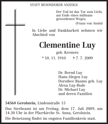 Traueranzeige von Clementine Luy von TRIERISCHER VOLKSFREUND