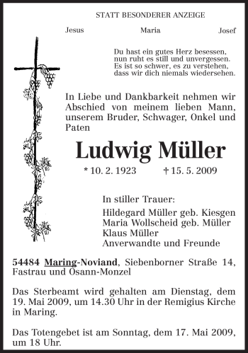 Traueranzeige von Ludwig Müller von TRIERISCHER VOLKSFREUND