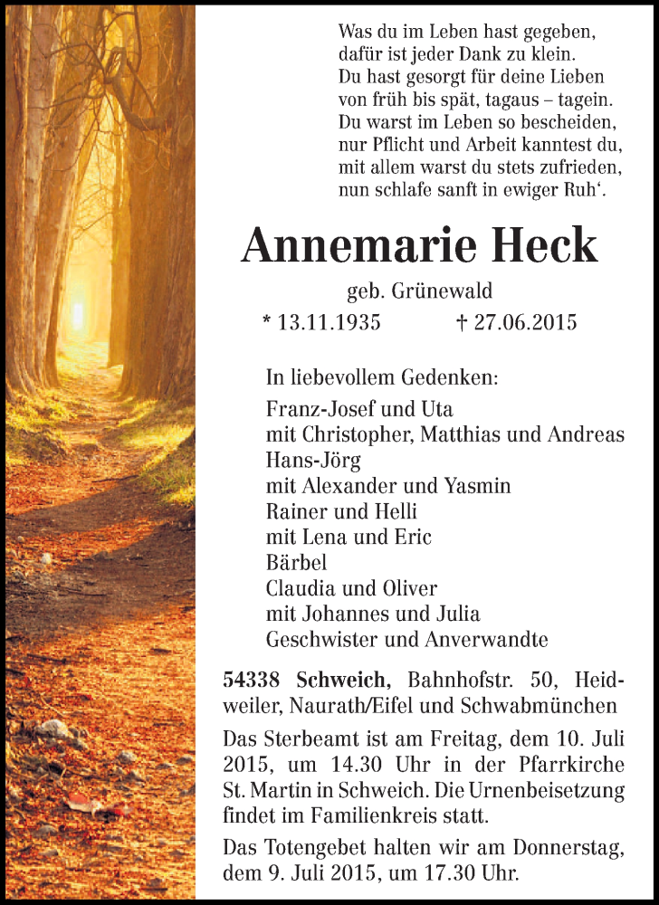 Traueranzeige für Annemarie Heck vom 04.07.2015 aus trierischer_volksfreund