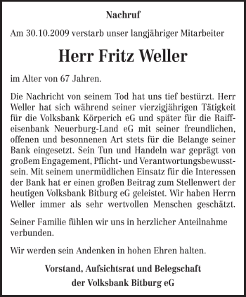 Traueranzeige von Fritz Weller von TRIERISCHER VOLKSFREUND