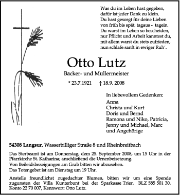Traueranzeige von Otto Lutz von TRIERISCHER VOLKSFREUND