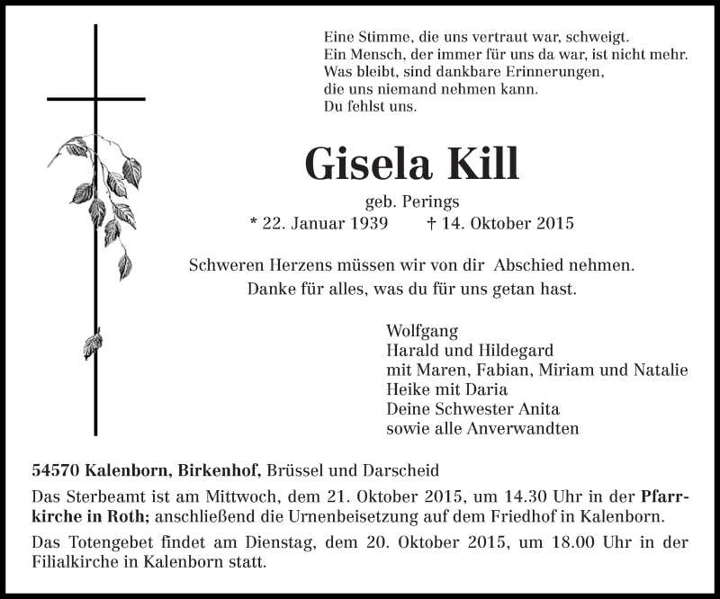  Traueranzeige für Gisela Kill vom 16.10.2015 aus trierischer_volksfreund