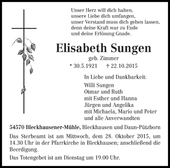 Traueranzeige von Elisabeth Sungen von trierischer_volksfreund