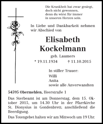 Traueranzeige von Elisabeth Kockelmann von trierischer_volksfreund