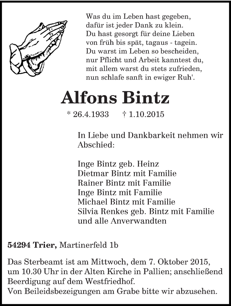  Traueranzeige für Alfons Bintz vom 05.10.2015 aus trierischer_volksfreund