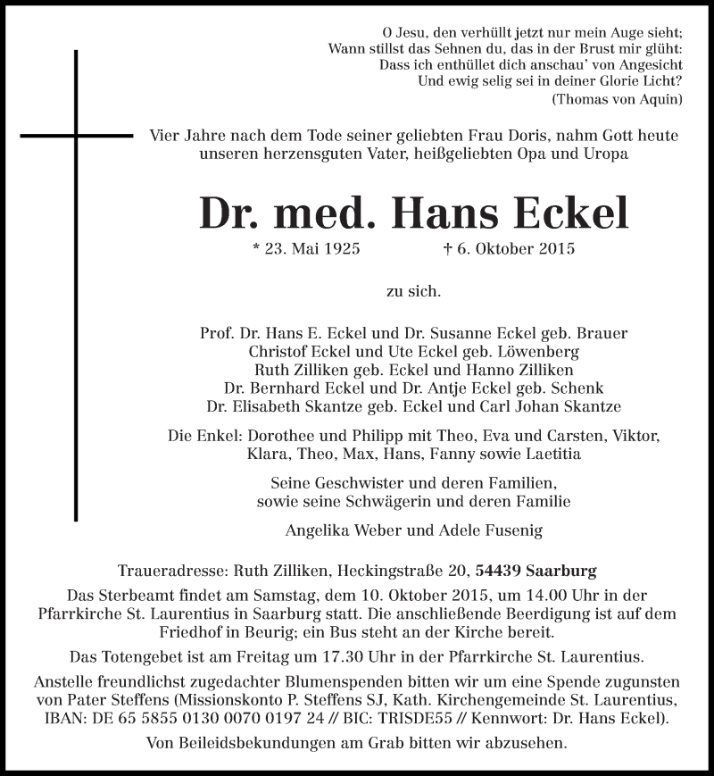  Traueranzeige für Hans Eckel vom 08.10.2015 aus trierischer_volksfreund