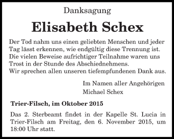 Traueranzeige von Elisabeth Schex von trierischer_volksfreund