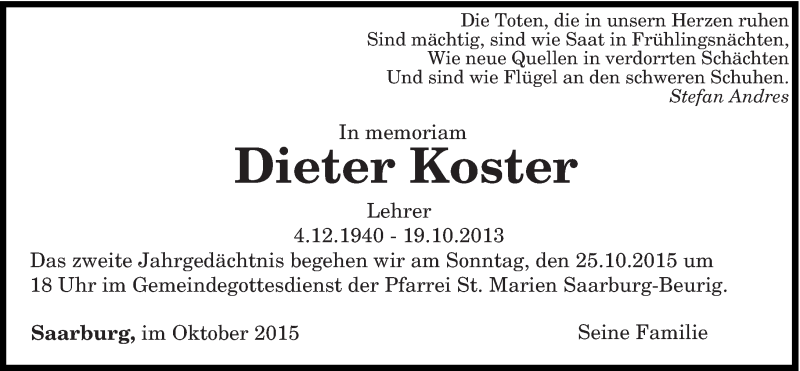  Traueranzeige für Dieter Koster vom 19.10.2015 aus trierischer_volksfreund