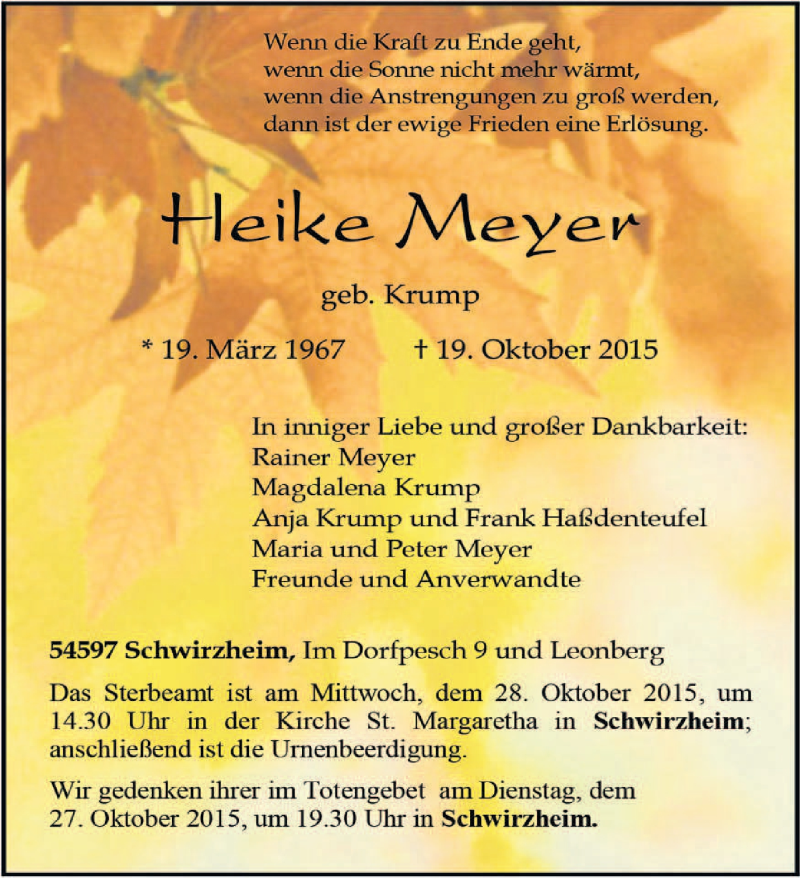  Traueranzeige für Heike Meyer vom 24.10.2015 aus trierischer_volksfreund