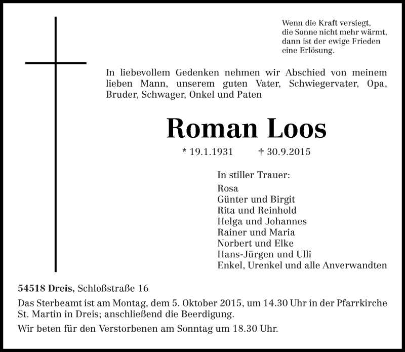  Traueranzeige für Roman Loos vom 02.10.2015 aus trierischer_volksfreund