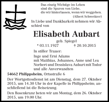 Traueranzeige von Elisabeth Aubart von trierischer_volksfreund