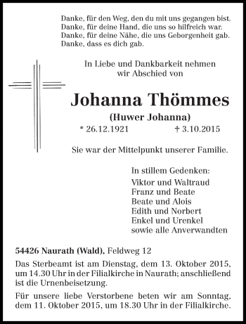Traueranzeige von Johanna Thömmes von trierischer_volksfreund
