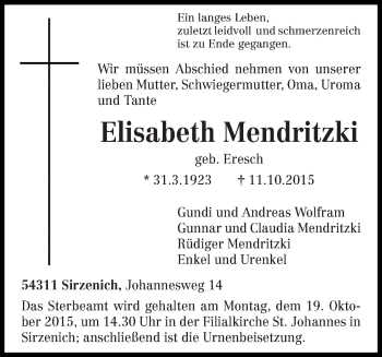 Traueranzeige von Elisabeth Mendritzki von trierischer_volksfreund