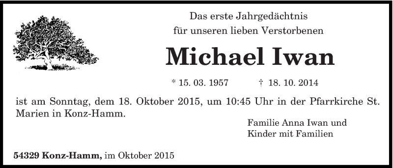  Traueranzeige für Michael Iwan vom 15.10.2015 aus trierischer_volksfreund