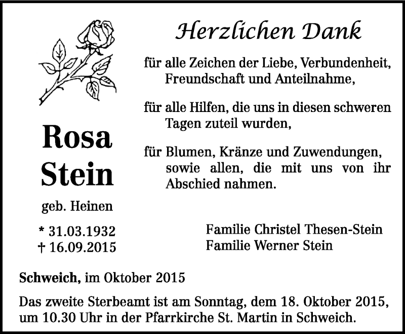  Traueranzeige für Rosa Stein vom 15.10.2015 aus trierischer_volksfreund