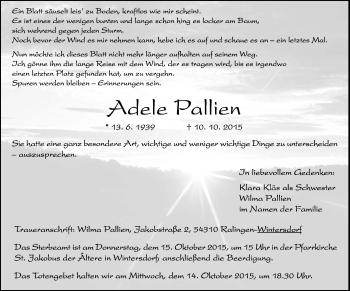 Traueranzeige von Adele Pallien von trierischer_volksfreund