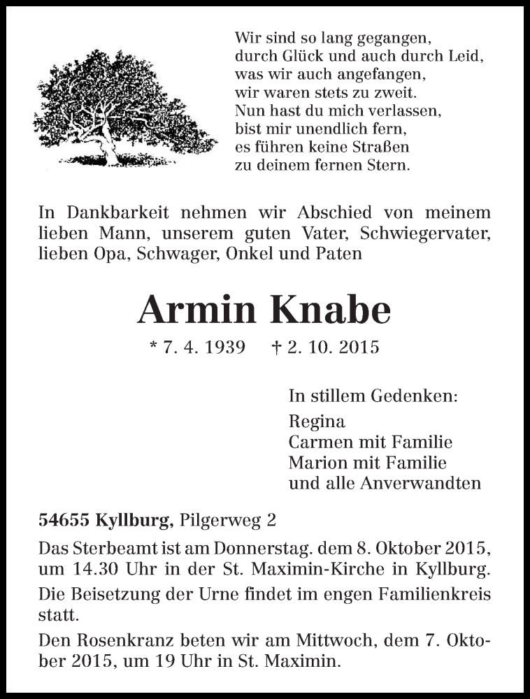  Traueranzeige für Armin Knabe vom 06.10.2015 aus trierischer_volksfreund