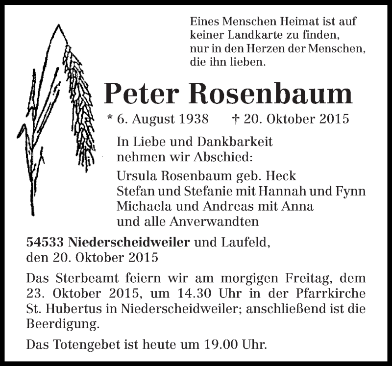  Traueranzeige für Peter Rosenbaum vom 22.10.2015 aus trierischer_volksfreund