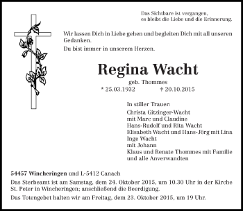 Traueranzeige von Regina Wacht von trierischer_volksfreund