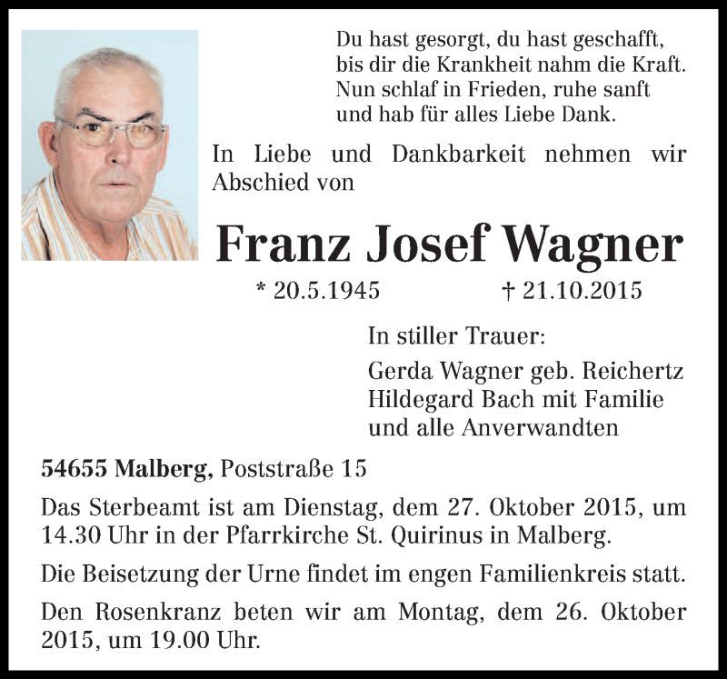 Traueranzeige für Franz Josef Wagner vom 24.10.2015 aus trierischer_volksfreund