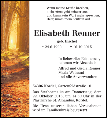 Traueranzeige von Elisabeth Renner von trierischer_volksfreund