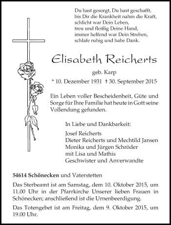 Traueranzeige von Elisabeth Reicherts von trierischer_volksfreund