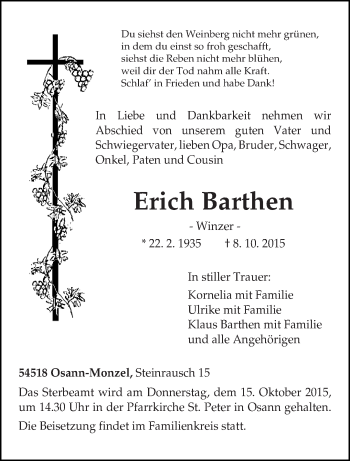 Traueranzeige von Erich Barthen von trierischer_volksfreund