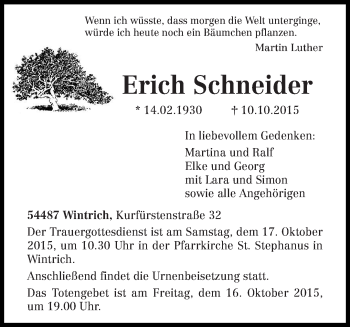 Traueranzeige von Erich Schneider von trierischer_volksfreund