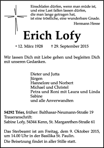 Traueranzeige von Erich Lofy von trierischer_volksfreund