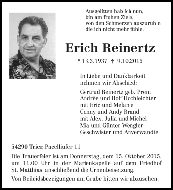 Traueranzeige von Erich Reinertz von trierischer_volksfreund